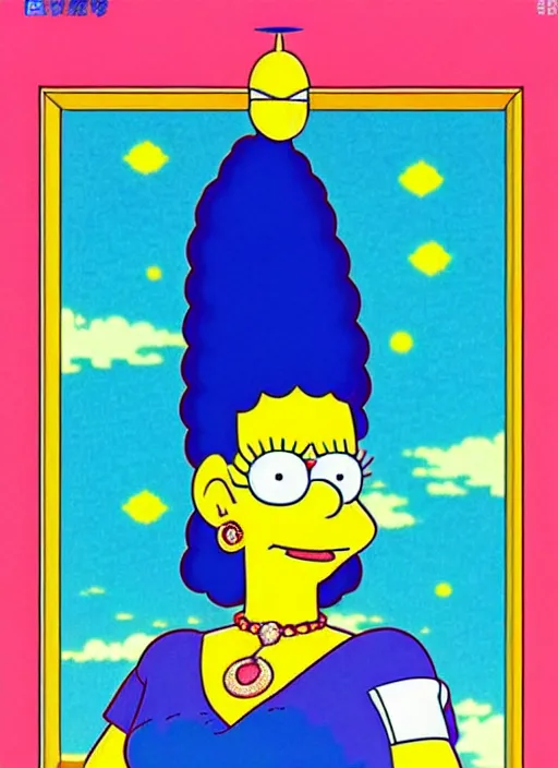 Prompt: perfectly centered realistic picture of marge simpson as a sailor moon, calls on the phone at futuristic office, highly detailed, 8 0 - s style poster, sharp focus, illustration, art by kawase hasui,