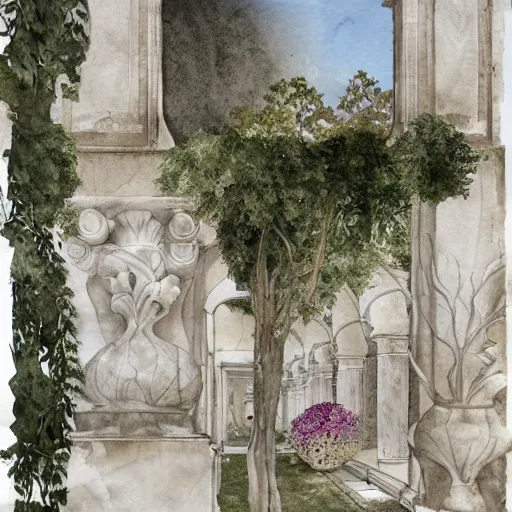 Image similar to delicate marble garden, watercolors on paper, stony, puffy, botanical herbarium, botanic, iridescent, 8 k wide angle, realistic shaded, fine details, artstation, italian, colonnade, oak tree, pinecone, pomegranade, hydrangea, vines, gardena architecture, pompeii