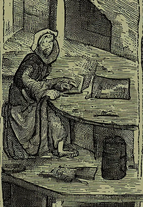 Prompt: [Medieval peasant sitting on a desk watching a computer in a dimly light room. There are cans on and around the desk and an arched window in the background. Illustration, sharp!, focus, high quality, smooth!]