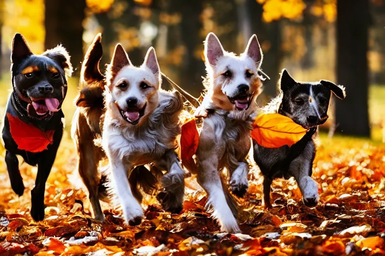 Image similar to dogs running through autumn leaves towards the camera, motion blur