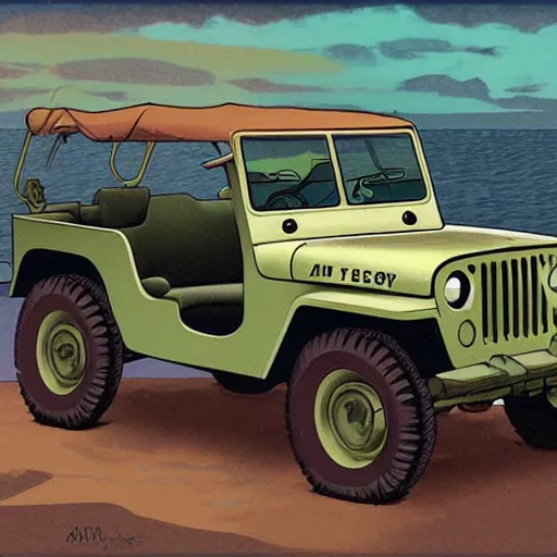 Prompt: a willys jeep with scenic sub arctic background. portrait illustration, pop art, art by ashley wood, alphonse mucha, laurie greasley and josan gonzalez. cinematic. dynamic lighting. realistic proportions. creative design. cell shading