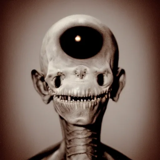 Image similar to humanoid with crooked teeth, two shallow black eyes, long open black mouth, alien looking, big forehead, horrifying, killer, creepy, sepia tint, long open black mouth, dead, looking straight into camera, realistic, slightly red, long neck, boney, monster, tall, skinny, skullish, deathly, in the style of alfred kubin