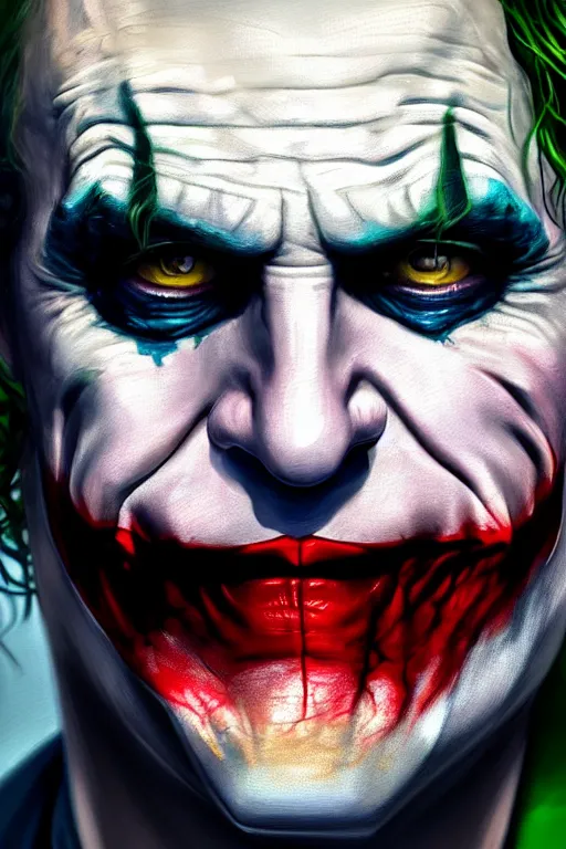 Image similar to ultra detailed close up facial portrait of the joker from heath ledger, extremely detailed digital painting, in the style of fenghua zhong and ruan jia and jeremy lipking and peter mohrbacher, mystical colors, rim light, beautiful lighting, 8 k, stunning scene, raytracing, octane, trending on artstation