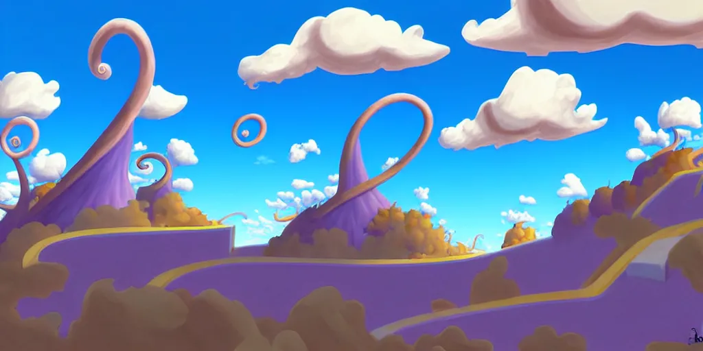 Image similar to cartoon concept art, blue sky spiral clouds, from sam and max