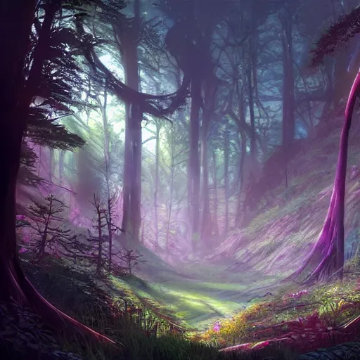 Prompt: concept art painting of a mystical alien fantasy forest, with fog and strange colorful plants, realistic, detailed, cel shaded, in the style of makoto shinkai and greg rutkowski and james gurney