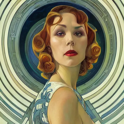 Image similar to a streamline moderne painting in the style of donato giancola, and in the style of charlie bowater, and in the style of alphonse mucha. symmetry, smooth, sharp focus, semi - realism, intricate detail.