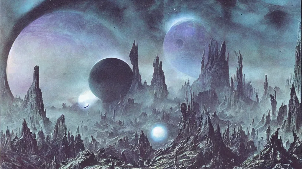 Image similar to eerie atmospheric alien planet empire by jack gaughan and bob eggleton and chris moore, epic cinematic matte painting