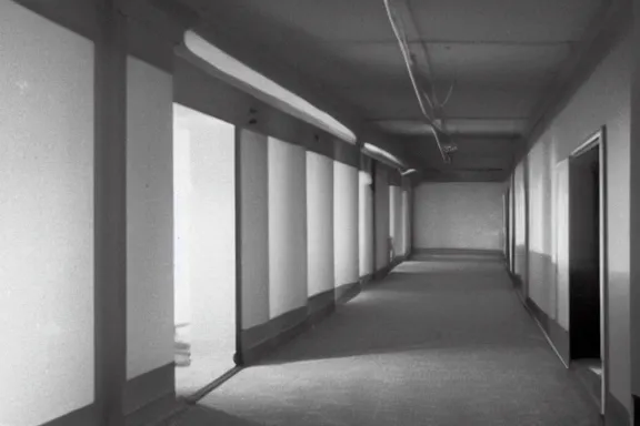 Prompt: an endless space of hallways and empty rooms with old yellowed white wallpaper from the 1970s and beige carpet lit by fluorescent lights