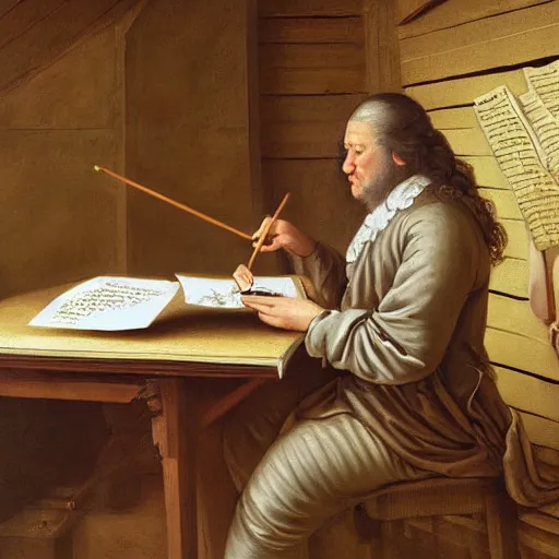 Image similar to highly detailed painting of bach writing a piece of music on a sheet of paper, he is inside of a wooden shack, 4 k resolution, by jaquis luis david, visible paint layers, renaissance.