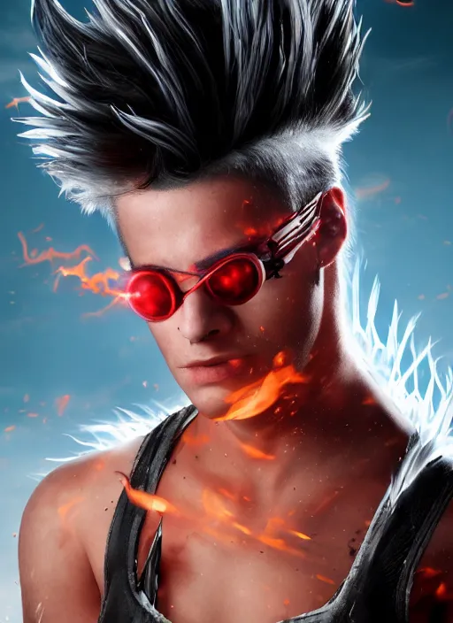 Image similar to An epic fantasy comic book style portrait painting of young man with long red spiked hair. Wearing a black waistcoat, white shirt, using googles. Blasting fire on his hands. Unreal 5, DAZ, hyperrealistic, octane render, cosplay, RPG portrait, dynamic lighting