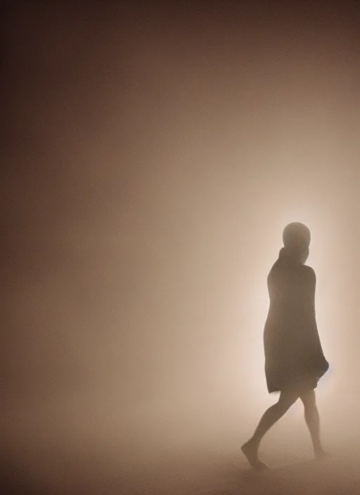 Image similar to a female silhouette walking, white glowing aura, out of body, fog, film grain, cinematic lighting, astral projection