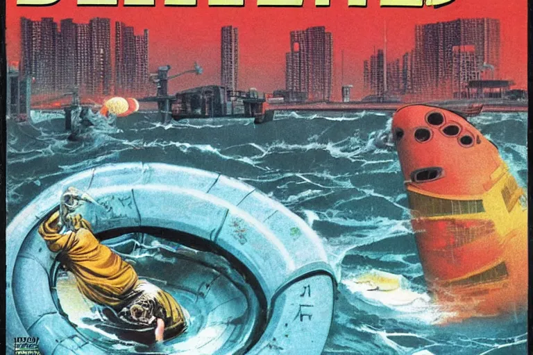 Prompt: 1 9 7 9 omni cover of a sewer pipe near spewing fish and trash near a massive seawall in tokyo. dramatic art in cyberpunk style by dali, and vincent di fate