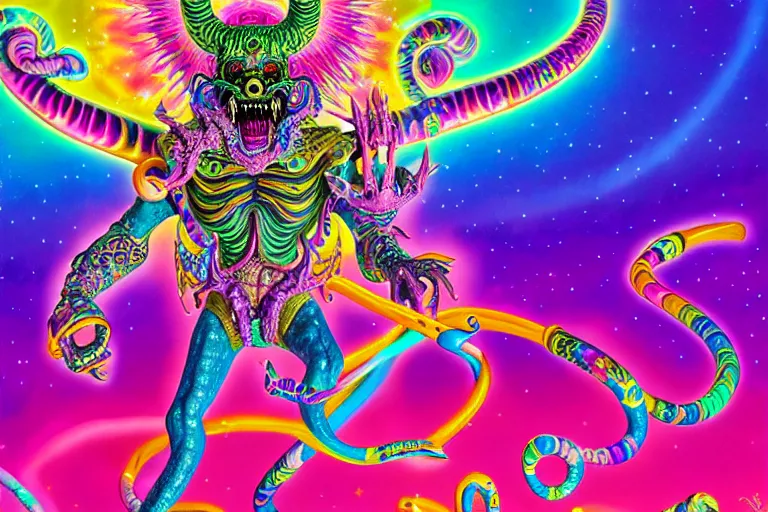 Prompt: lisa frank illustration of rebulon the ancient demon, by lisa frank, masterpiece concept art, 8 k, intricate detail, cinematic lighting, epic pose, bright colors