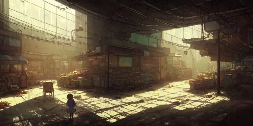 Prompt: a wholesome animation key shot of a post apocalyptic super market interior, covered by nature hipster vibes by studio ghibli, animation, sharp, rendered in unreal engine 5, focused, anime key art by greg rutkowski, bloom, dramatic lighting