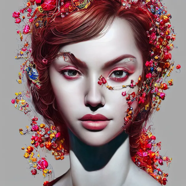 Prompt: studio portrait of absurdly beautiful, elegant, young colorful woman made of rubies and red gems, ultrafine hyperrealistic detailed face illustration by kim jung gi, irakli nadar, intricate linework, sharp focus, bright colors, matte, octopath traveler, final fantasy, unreal engine highly rendered, global illumination, radiant light, intricate environment