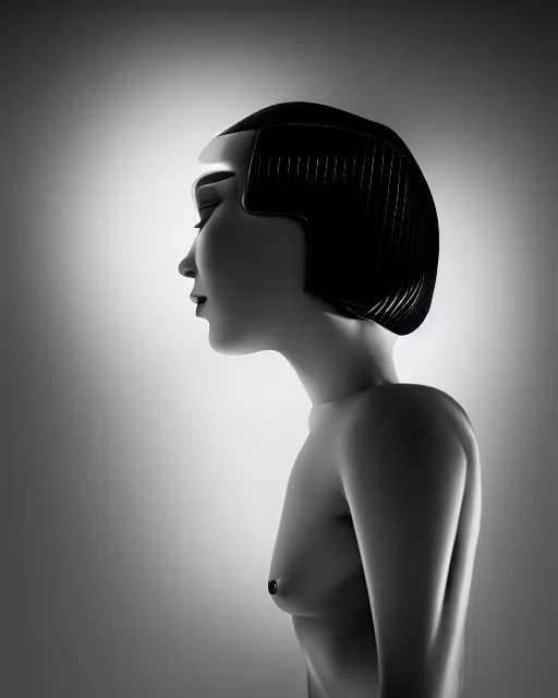 Image similar to black and white high quality photo of a beautiful female AI vegetal-cyborg looking into a sci-fi mirror, volumetric lighting, liminal space, brutalism, foggy, dreamy, hyperdetailed, bokeh, photorealistic, cinematic, masterpiece, Metropolis, elegant, dark, by Man Ray in the style of Horst P. Horst, octane render, 8K,