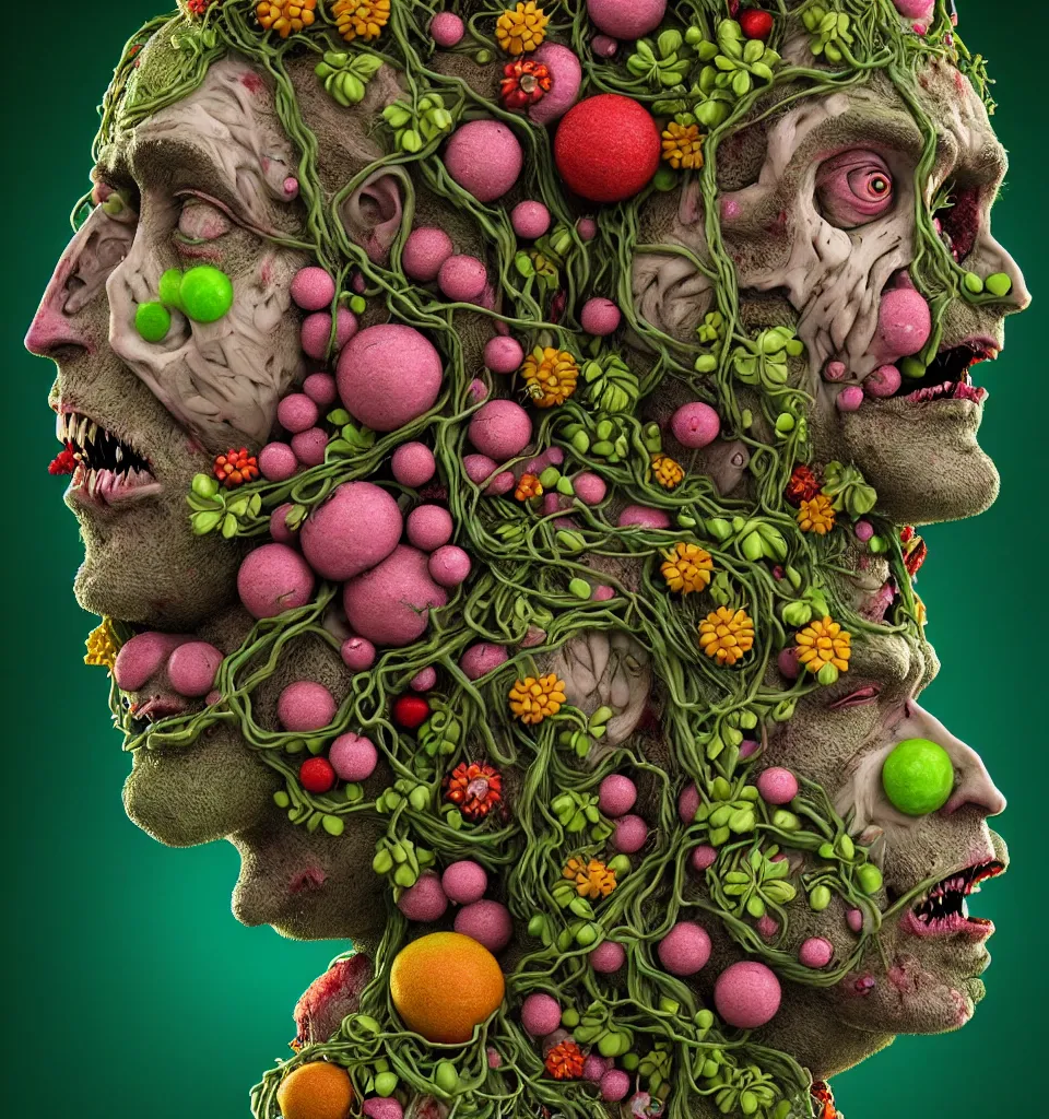 Prompt: headshot of a trickster nature zombie, head made of fruit and flowers in the style of arcimboldo, covered with tendrils and vines, made by greg rutkowski, digital illustration, dynamic lighting, action figure, clay sculpture, claymation, turquoise pink and green, rainbow backdrop