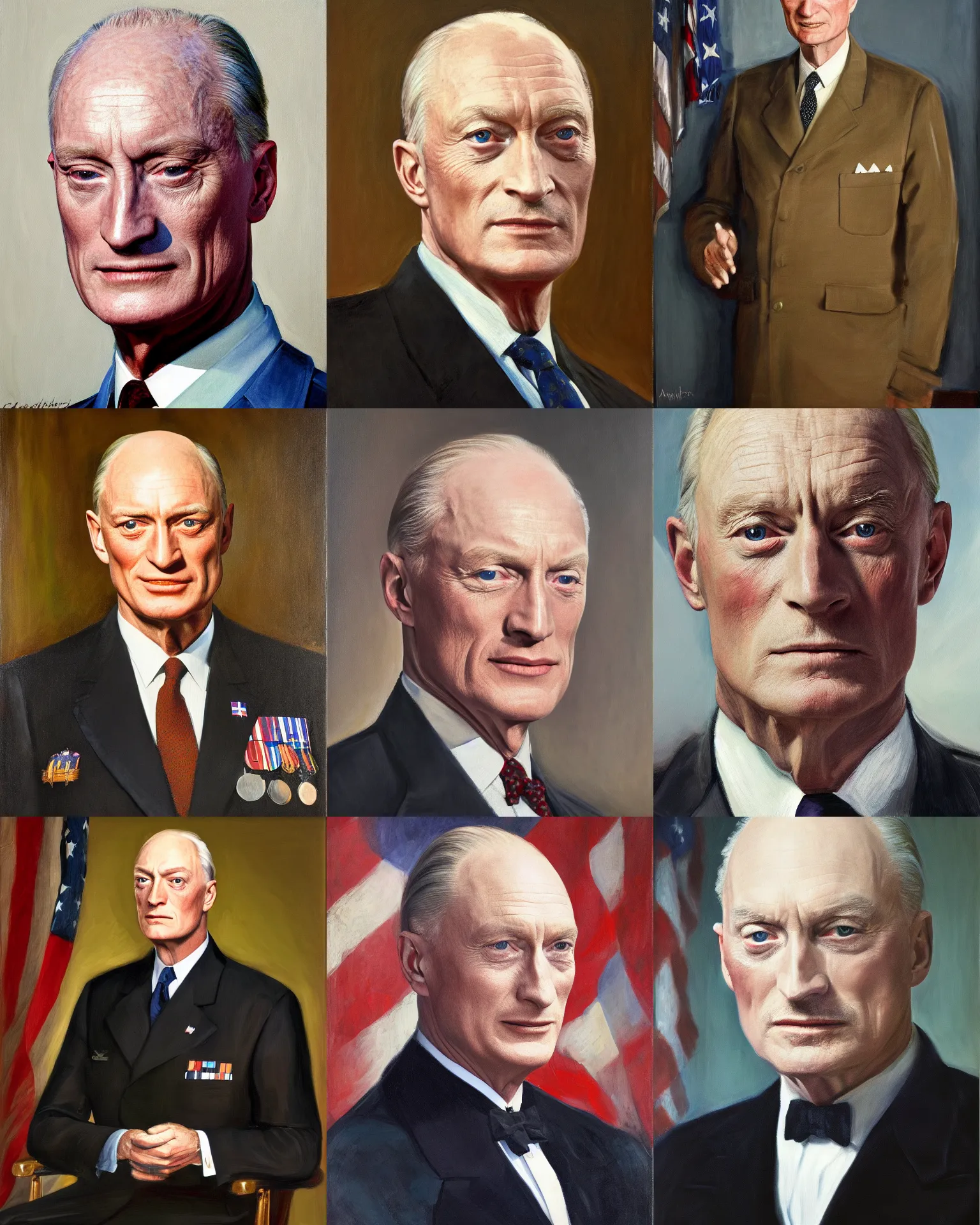 Prompt: upper body portrait of charles dance as united states president dwight eisenhower, 2 0 1 7, official portrait, oil on canvas by anton otto fischer, trending on artstation