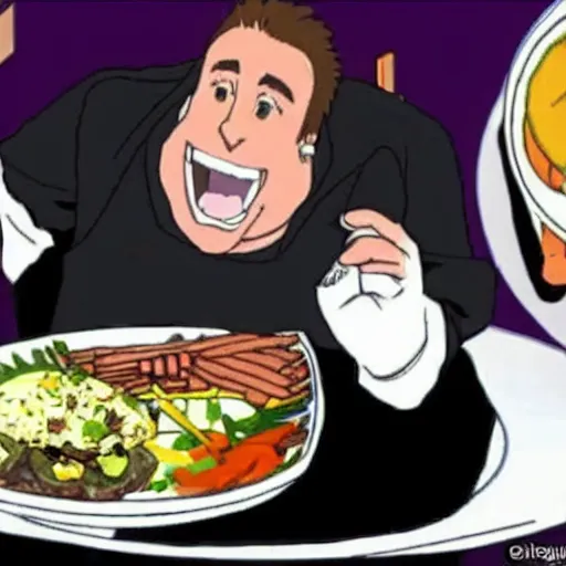 Prompt: Alex Jones eating an entire feast by himself in an anime style.