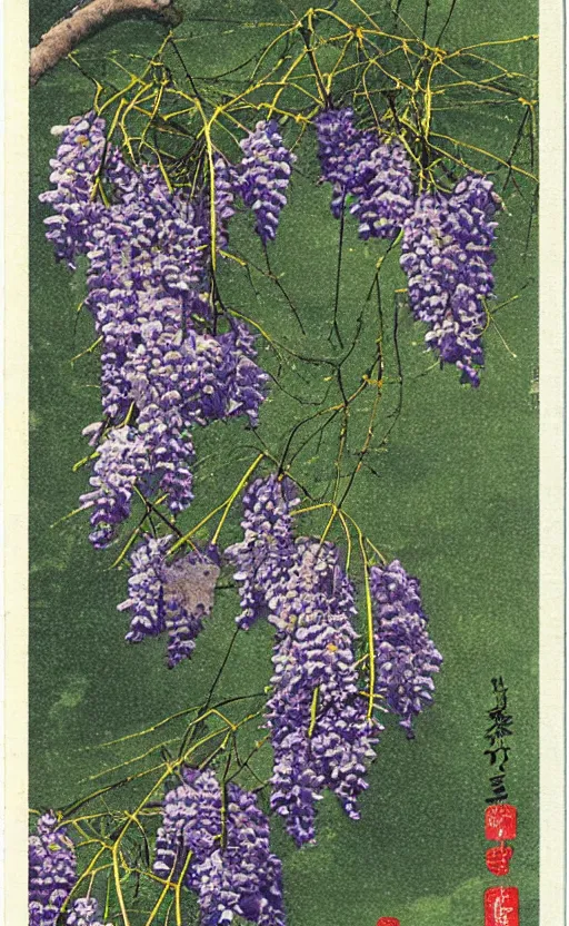 Prompt: by akio watanabe, manga art, wisteria flowers falling down in a windy day, trading card front