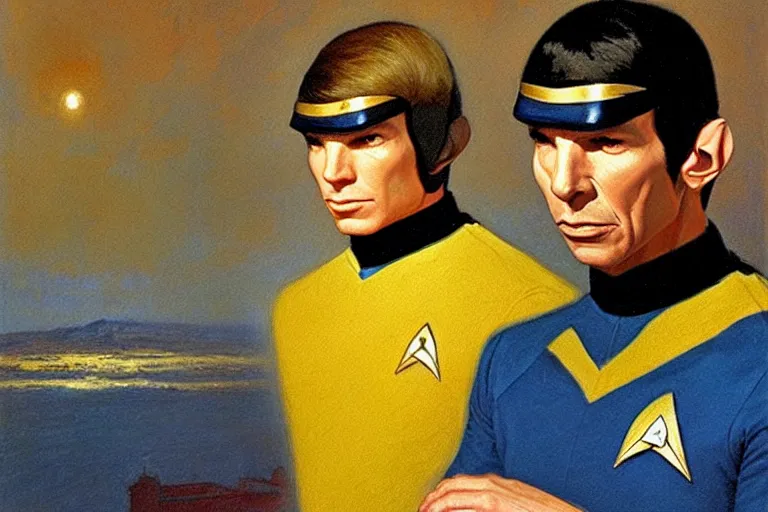 Image similar to young spock ( leonard nimoy ), the vulcan officer from star trek, in his blue and gold uniform, standing on the bridge of the enterprise. oil painting in the style of edward hopper and ilya repin gaston bussiere, craig mullins. warm colors. detailed and hyperrealistic.