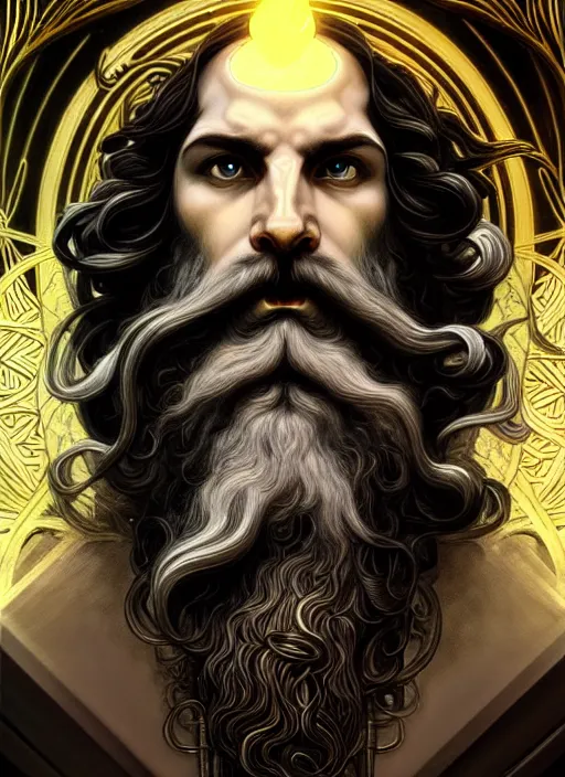 Image similar to furious god zeus, wavy black hair, bushy beard, glowing eyes, volumetric lights, cyan and gold scheme, art nouveau botanicals, gothic, intricate, highly detailed, digital painting, artstation, concept art, smooth, sharp focus, symmetric face, illustration, steampunk, art by artgerm and greg rutkowski and alphonse mucha