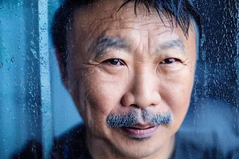 Image similar to a cinematic studio headshot portrait of a middle aged asian man, through a fogged up window, movie still, blue color theme, waves, rain, dramatic lighting, back light, hair light, rim light, 4 k, ultra realistic, by annie leibovitz