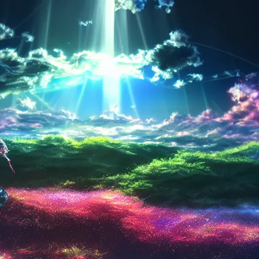 Prompt: stunning, glitchy, 4 k, landscape, galaxy, flowers, volumetric lighting, ufotable art style, art by hajime sorayama, epic sky, god rays, by akihiko yoshida, photorealistic dramatic liquid anime girl