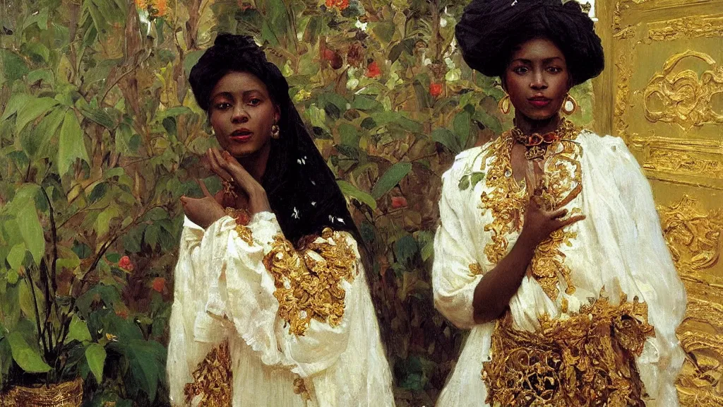 Image similar to high quality high detail painting by ilya repin, black woman in a white room with many plants, intricate costume design, orientalist, partially gold, ornate, elite, luxury, hd