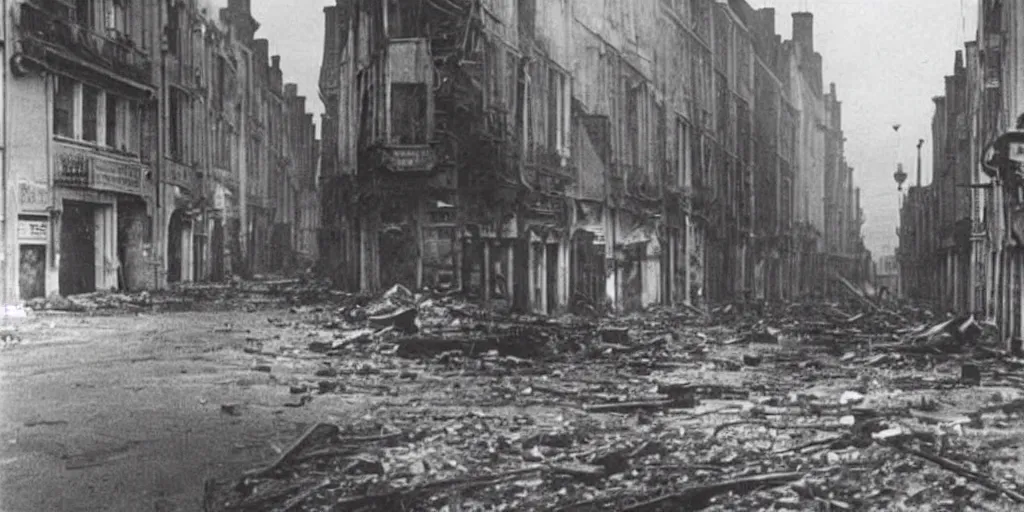 Image similar to a photo of a street of saint - malo en fire after a bombing at night in 1 9 4 5