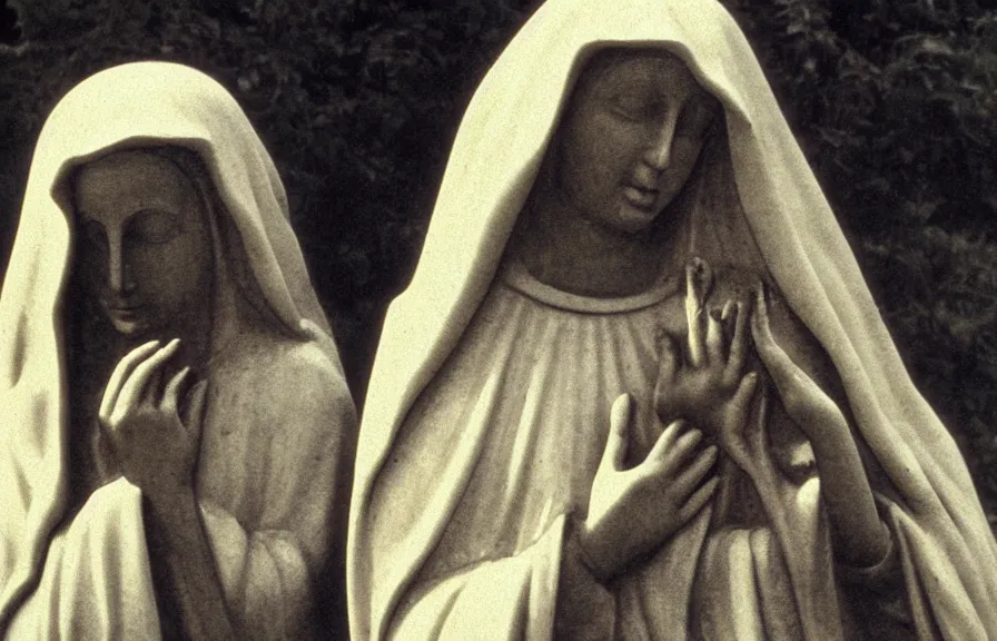 Prompt: statue of mother mary crying blood, grainy vintage photograph