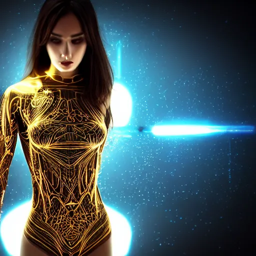Image similar to Epic cinematic action scene render of a very beautiful female wearing Abstract tech bodysuit, focus, realistic eyes, symmetric body features proportions, golden ratio, ultra intricate details, award winning, unreal render