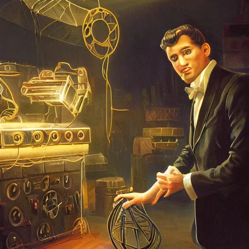 Image similar to a portrait of a magician working on ancient machines to do magic