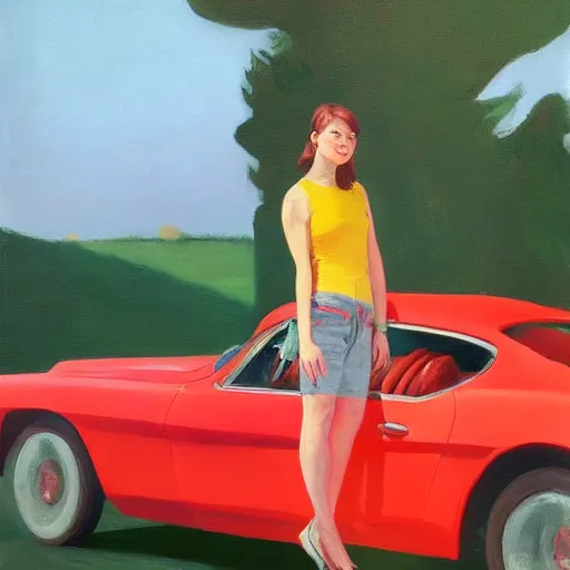 Image similar to Half body portrait with car, dated a woman that lived on Cooterneck Road, She had a catfish Camero and was cooler than me, by Edward Hopper, Bo Bartlett, and Cynthia Sheppard, Artstation