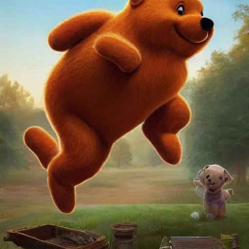 Image similar to clear portrait of xi jiping as winnie the poo, cottagecore!!, detroit hood background hyper detailed, character concept, full body, dynamic pose, elegant, intricate, highly detailed, digital painting, artstation, concept art, smooth, sharp focus, illustration, art by artgerm and greg rutkowski and alphonse mucha