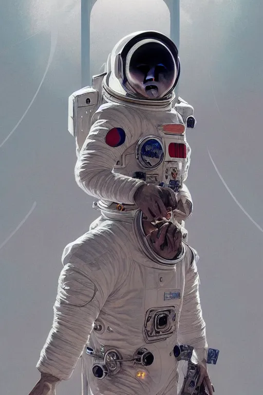 Prompt: A full portrait of a 2001 Space Odyssey Astronaut, intricate, elegant, highly detailed, digital painting, artstation, concept art, smooth, sharp focus, illustration, art by Krenz Cushart and Artem Demura and alphonse mucha