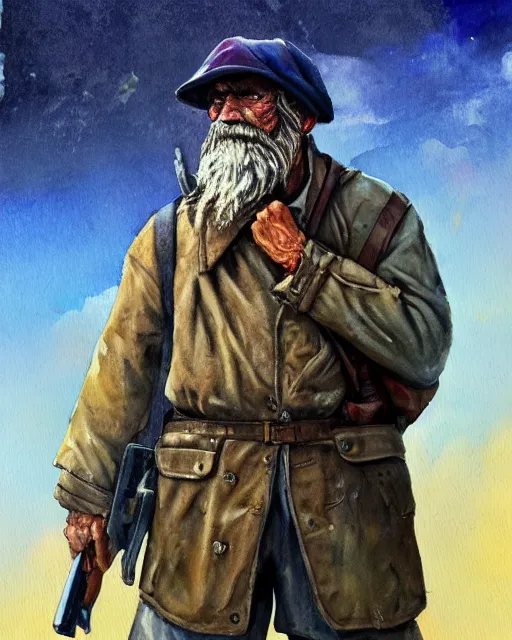 Image similar to a oil / watercolor painting full body character portrait of an old homeless soldier fighting to defend his family in the style of moebius in the style of leonard boyarsky trending on artstation deviantart pinterest detailed photorealistic highlights and shadow hd 8 k post - processing high resolution