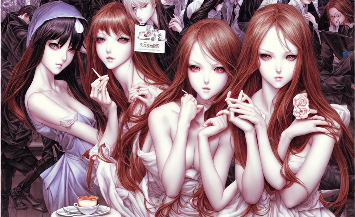 Image similar to beautiful French girls in a café with Satan. insanely and epically detailed supreme-quality color ink pen artwork, amazingly composed image, illustrated by Range Murata and Artgerm and Stanley Law.