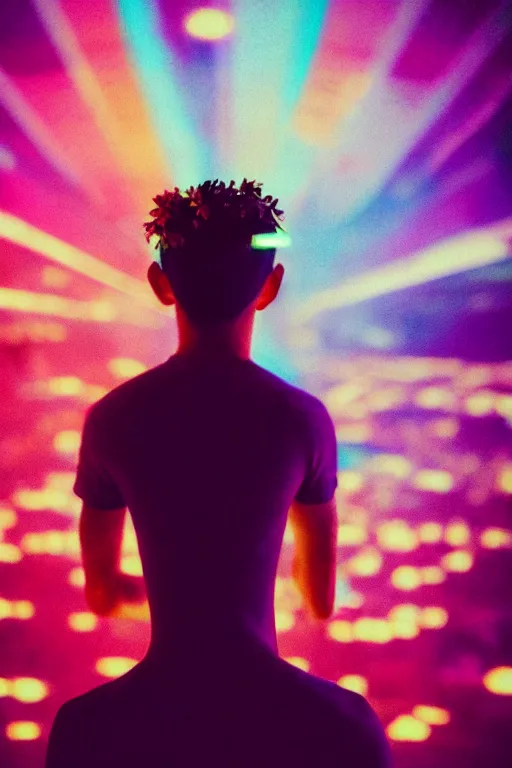 Image similar to agfa vista 4 0 0 photograph of a skinny guy on a spaceship, futuristic, synth vibe, vaporwave colors, lens flare, flower crown, back view, moody lighting, moody vibe, telephoto, 9 0 s vibe, blurry background, grain, vintage, tranquil, calm, faded!,