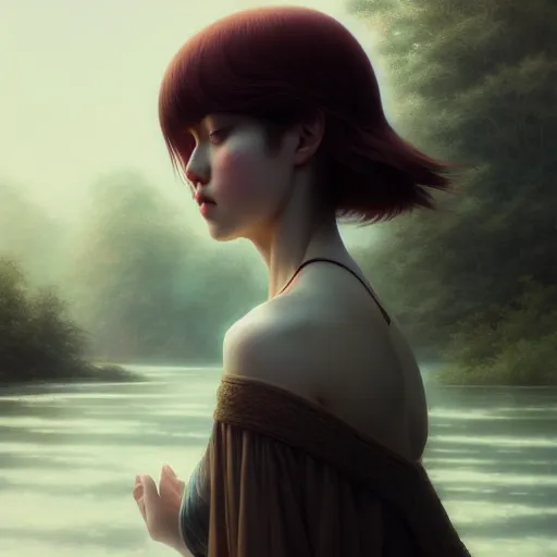 Prompt: girl by tom bagshaw, walking past a flowing river by ilya kuvshinov, rtx reflections, octane render 1 2 8 k, extreme high intricate details by wlop, digital anime art by ross tran, medium shot, close up shot, composition by sana takeda, dramatic lighting by greg rutkowski