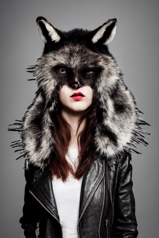 Image similar to photographic portrait of a punk girl in a leather jacket wearing a wolf's head over her face, fashion shoot, cool girl with wolf on her head