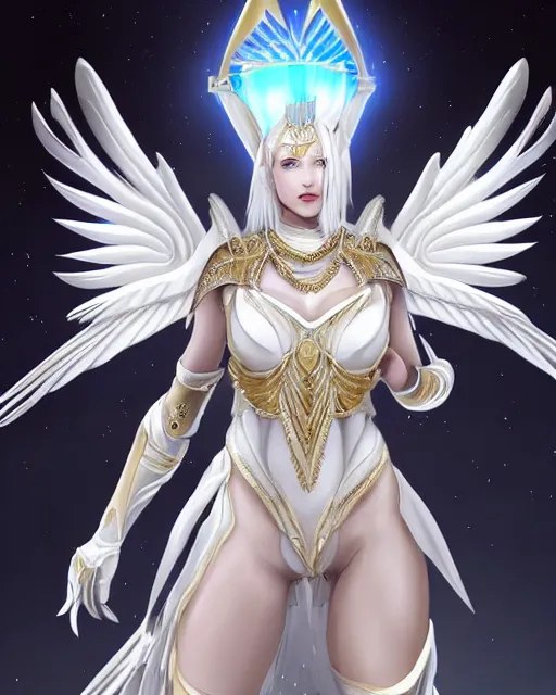 Image similar to perfect white haired egyptian goddess wearing white dove wings, warframe armor, regal, attractive, ornate, sultry, beautiful, dreamy, half asian, pretty face, blue eyes, detailed, scifi platform, 4 k, ultra realistic, epic lighting, android body, illuminated, cinematic, masterpiece, art by akihito tsukushi, voidstar, artgerm