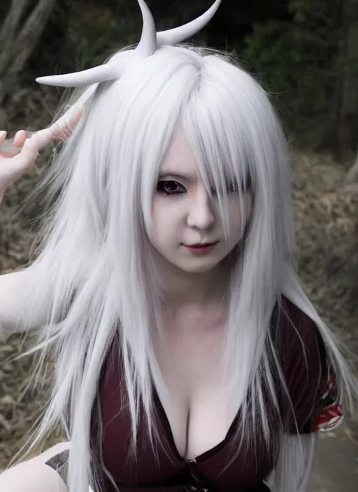 Prompt: white haired anime girl with horns, red eyes, cute