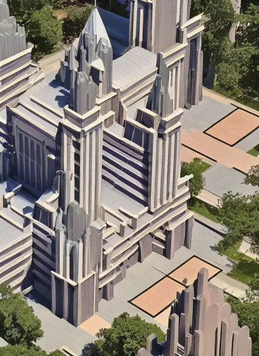 Image similar to isometric artdeco cathedral by frank lloyd wright, shot from drone, painted by piet mondrian