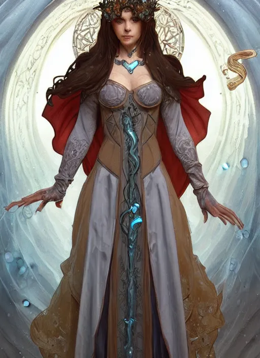 Image similar to summoner dressed in medieval gown with a cute water elemental, fantasy, intricate, elegant, highly detailed, digital painting, artstation, concept art, wallpaper, smooth, sharp focus, illustration, art by artgerm and greg rutkowski and alphonse mucha