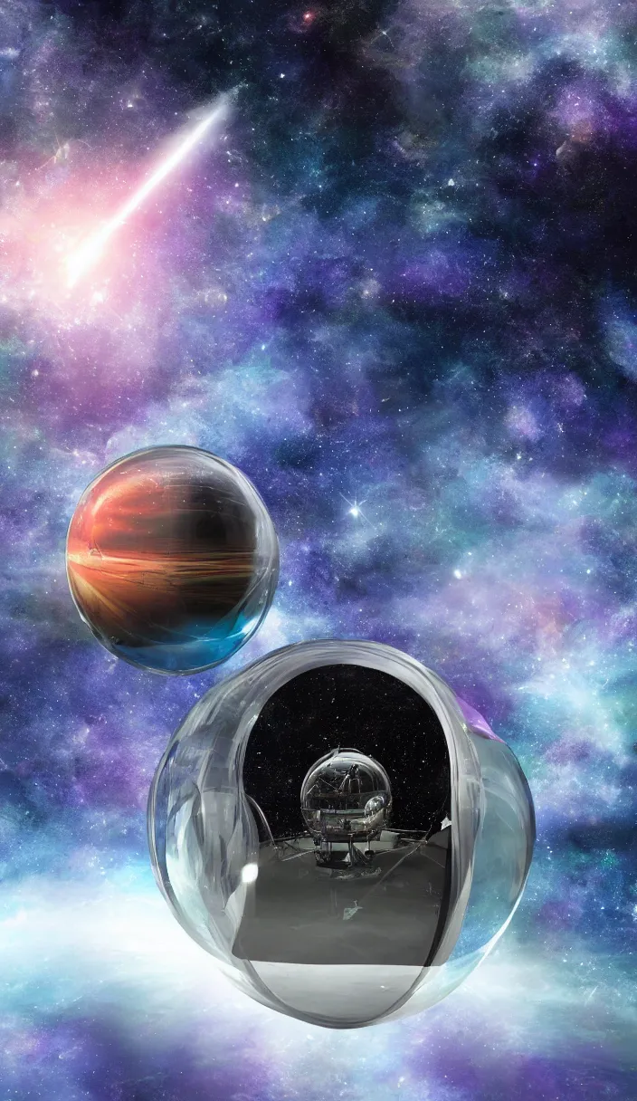 Image similar to an enormous transparent spherical capsule in the middle of outer space, digital art