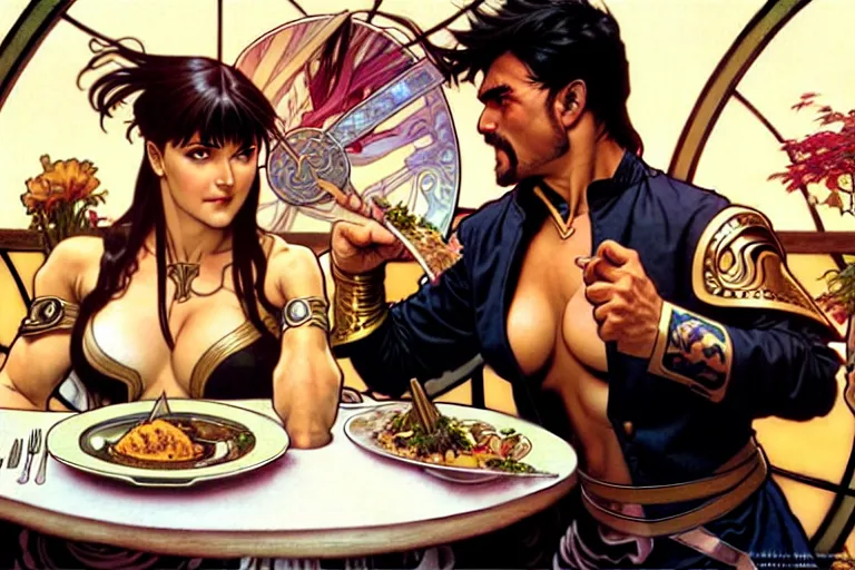 Image similar to xena warrior princess eating at a restaurant, with a hispanic man in a suit as her companion, art by artgerm and greg rutkowski and alphonse mucha