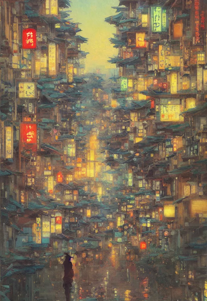 Prompt: a beautiful japanese city near the sea, ryokans and edo era houses, cyberpunk, lofi vibe, colorful, oil painting in impressionist style, by jeremy lipkin, john berkey, claude monet, dino valls, by makoto shinkai, multiple brush strokes, inspired by ghibli, masterpiece