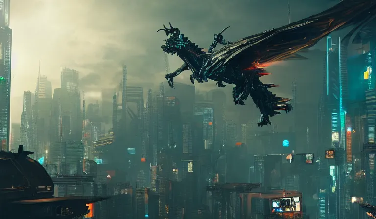 Prompt: cyberpunk armored dragon flying above a cyberpunk city in ruins, close shot, 8k, cinematic, epic, ultra detailed, award winning, trending on artstationHD, dramatic