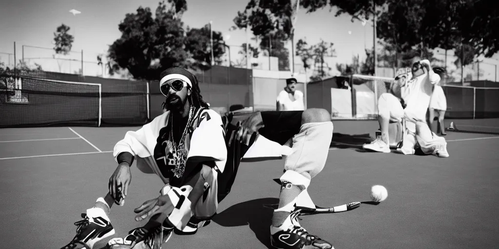 Prompt: a swagged out photo of mac dre thizzing, chillin at the tennis court with his headband on, al boo boo, the genie of the lamp, the eagle has landed, thizzlamic, stylized, 8 k, uhd.